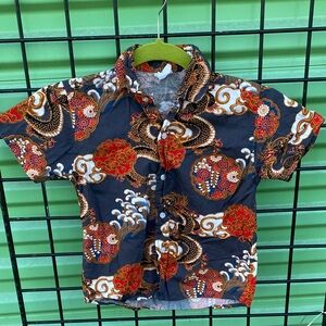 Kids Dragon Print Button-Up Shirt - Gray and Red
